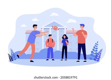 Children playing American football or rugby outdoors. Girl and boys throwing ball in schoolyard flat vector illustration. Childhood, sport concept for banner, website design or landing web page