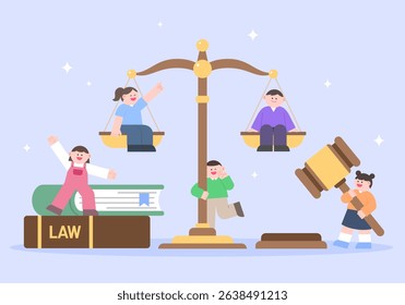 Children playing around by climbing on the law book, holding the judge's baton, and climbing on the scales.