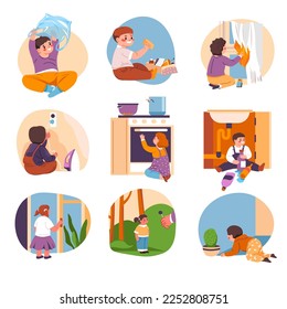 Children playing around dangerous objects at home. Child by stove in kitchen, under sink with detergents, outside with strangers. Baby with plastic bag, touching cactus flower. Vector in flat style