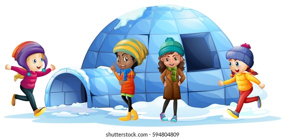 Children playing around igloo illustration