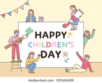 Children are playing around a large message card. flat design style minimal vector illustration.