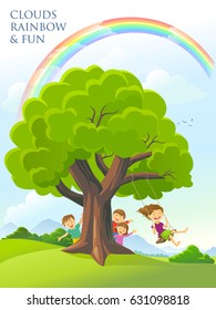 Children playing around a tree with rainbow, landscape, and mountains in the background. Vector illustration