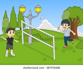 Children playing badminton cartoon vector illustration