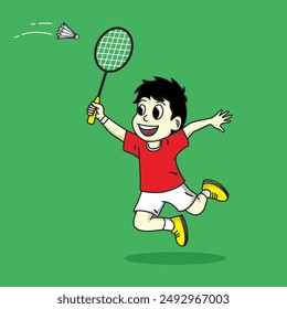 niños jugando a la Ilustración vectorial de bádminton. aislado en el fondo verde. estilo de dibujos animados. adecuado para pegatina, Fondo de pantalla, necesidades de diseño, ícono, etc