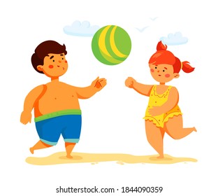 Children playing ball game - colorful flat design style illustration with cartoon characters. Happy boy and girl doing sports on the beach. Leisure, outdoor activity for kids idea. Active lifestyle