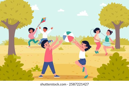 Children playing ball in nature. Happy boys and girls play outdoor active games, ball and flying kite. Summer park and green meadow. Friends on playground cartoon flat isolated vector concept