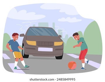 Niños Jugando Con Una Pelota Cerca De Una Carretera Mientras Se Acerca Un Coche, Haciendo Hincapié En La Importancia De La Seguridad Del Tráfico Y La Conciencia Para Los Niños. Ilustración vectorial Destaca Lecciones De Seguridad Vial Para Niños