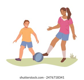 Children playing with ball on grass, boy and girl. Vector kids playing in park outdoors, flat cartoon characters vector illustration. Happy childhood, sport activities with a ball