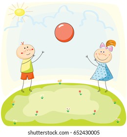 Children playing with a Ball on the Hill. Hand Drawn Vector Illustration