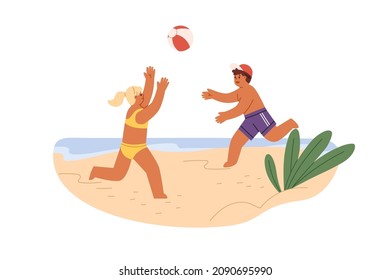 Children playing ball on sea beach. Happy kids having fun on sand coast on summer holidays. Girl and boy in swimsuits on seacoast at leisure. Flat vector illustration isolated on white background