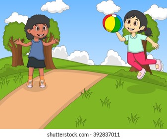 Children playing ball at the park cartoon vector illustration