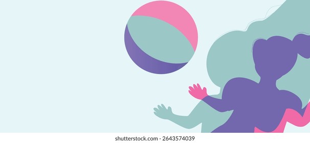 Children playing ball, silhouette vector stock illustration as copy space template