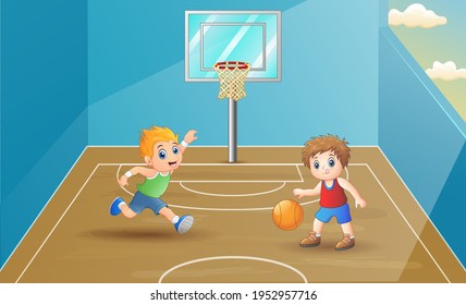 Children playing basketball at the court illustration