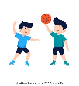 Children playing basketball happily on white background. Flat vector