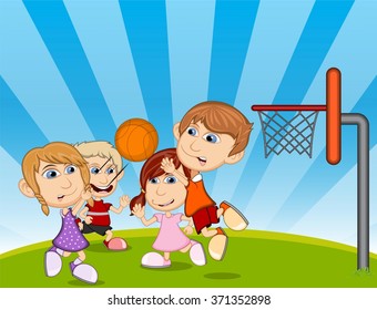 Children playing basketball on the park cartoon vector illustration