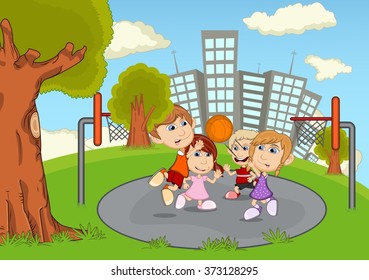 Children Playing Basketball On Park Cartoon Stock Vector (Royalty Free ...