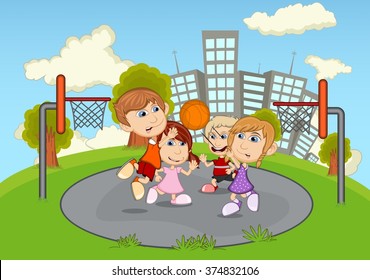 Children playing basketball on the park cartoon vector illustration