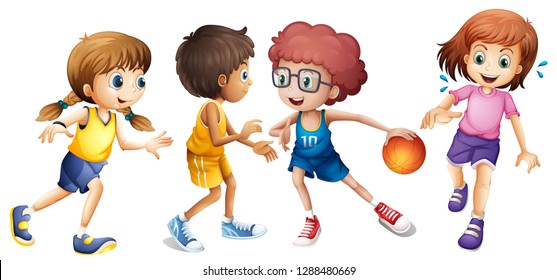 Children playing basketball on white background illustration