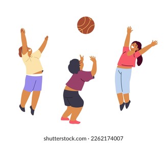 Children playing basketball outdoors, isolated kids catching and throwing inflatable ball. Boys and girl at playground, physical education at school or weekends fun at home. Vector in flat style