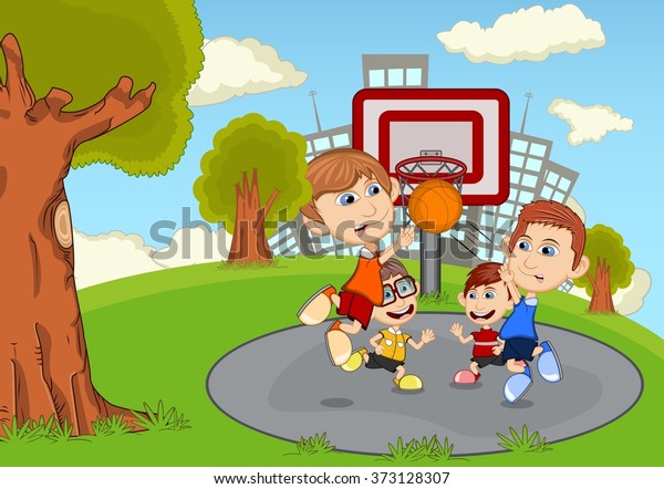 Children Playing Basketball Park Cartoon Vector 스톡 벡터(로열티 프리) 373128307