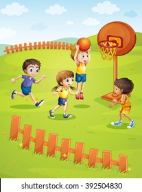 Children Playing Basketball In The Park Illustration