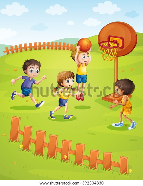 Children Playing Basketball Park Illustration Stock Vector (Royalty ...