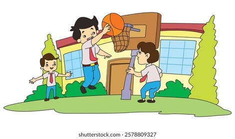 Children playing basketball at the school park cartoon