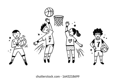 Children Playing Basketball Vector Set.  Boys And Girls With Ball Doing Sport