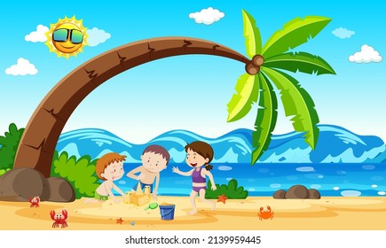 Children playing at the beach illustration