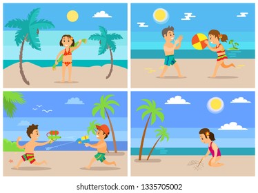 Children playing at beach vector, kids having water fight, girl holding towel, drawing on sand. Boy and girl playing ball volleyball, tropics vacation