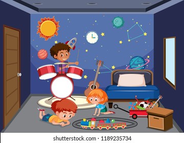 Children playing in bedroom illustration