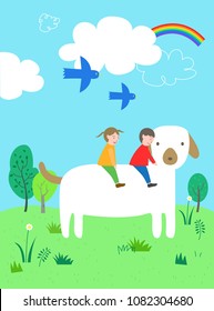Children are playing with big dog.