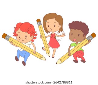 Children playing big pencil, hand drawn