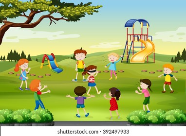 Children Playing Blind Folded In The Park Illustration