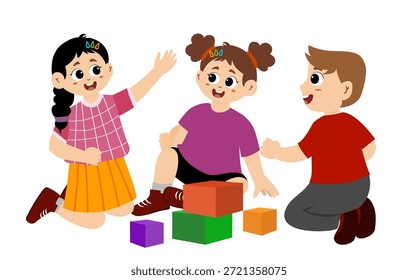 Crianças brincando com tijolo. Crianças felizes trabalhando juntas, brincando e construindo torres com blocos coloridos. Criança jogar bloco tijolo com amigo