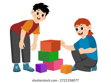 Children playing with block brick. happy children working together, playing and building towers with colored blocks. Kid play block brick with friend