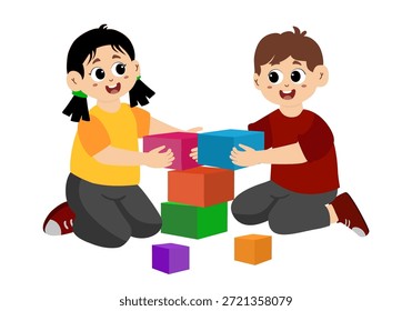 Crianças brincando com tijolo. Crianças felizes trabalhando juntas, brincando e construindo torres com blocos coloridos. Criança jogar bloco tijolo com amigo