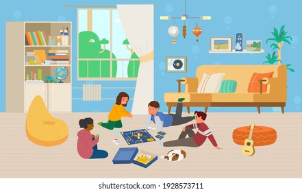 Niños Jugando Juego De Mesa En El Suelo En La Ilustración Del Vector De Habitaciones Para Niños. Interior de habitación infantil.