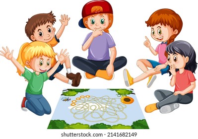 A children playing board game on white background illustration