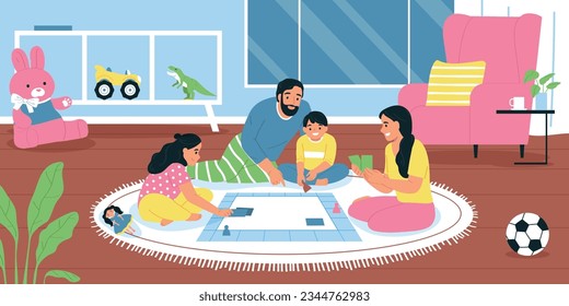 Children playing board game with parents in their room flat vector illustration