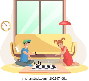 Children playing board game together. Kids boy and girl friends playing chess sitting on floor. Indoor entertainment for adults and children. Cute kids, friends, siblings enjoy indoor activity