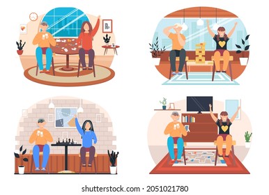 Children playing board games at a table, friends having good time together vector scenes set. Happy kids are resting at home, brother with sister playing a logic game. Friendly family games