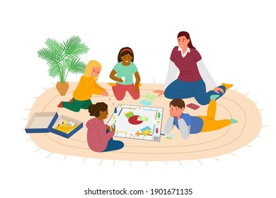 Children Playing Boardgame On The Floor In The Kindergarden. Playroom With Teacher And Kids. Vector Illustration. Isolated On White. 