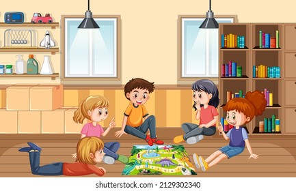 Niños jugando a juegos de mesa en la ilustración de la habitación