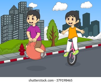 Children playing bouncing ball and unicycle in the street