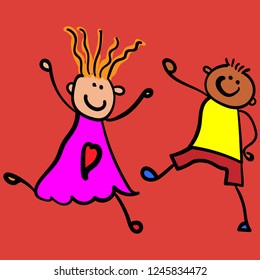 Children playing boy with girl. Style of childrens drawing. Vector illustration. Red background.