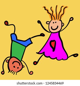 Niños jugando - un niño está parado en la cabeza y una chica corre hacia él. Estilo de dibujo infantil. Ilustración vectorial. Fondo amarillo.