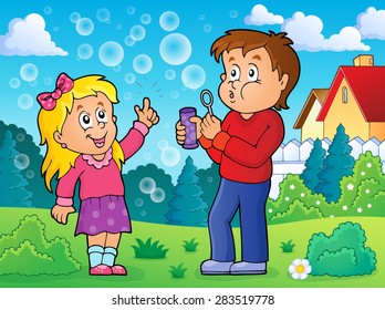 Children playing with bubble kit theme 2 - eps10 vector illustration.