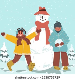 Children are playing building a snowman in winter. Stock of children's vector illustrations. Winter activities. Hand drawn vector illustration.