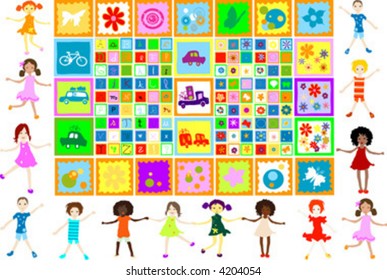 children playing, butterflies, flowers, cars and letters